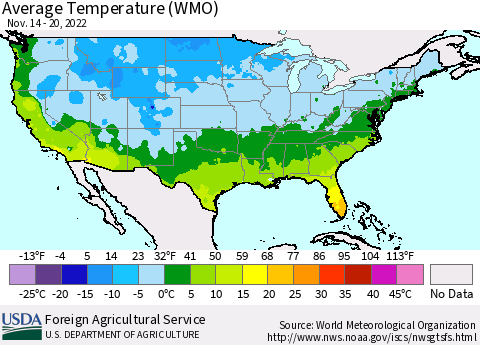 United States Average Temperature (WMO) Thematic Map For 11/14/2022 - 11/20/2022