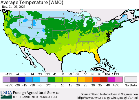 United States Average Temperature (WMO) Thematic Map For 11/21/2022 - 11/27/2022
