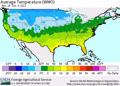 United States Average Temperature (WMO) Thematic Map For 11/28/2022 - 12/4/2022