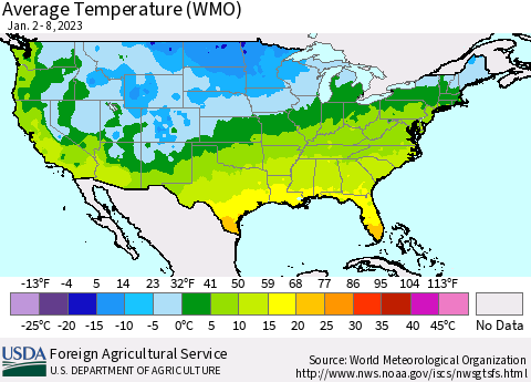 United States Average Temperature (WMO) Thematic Map For 1/2/2023 - 1/8/2023