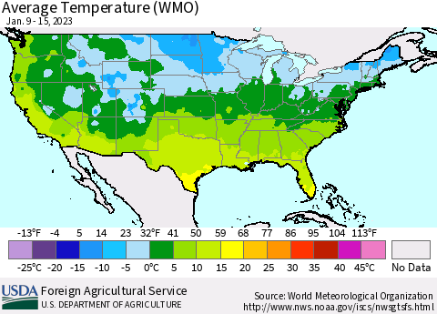 United States Average Temperature (WMO) Thematic Map For 1/9/2023 - 1/15/2023