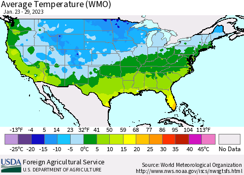 United States Average Temperature (WMO) Thematic Map For 1/23/2023 - 1/29/2023