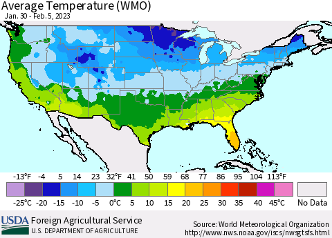 United States Average Temperature (WMO) Thematic Map For 1/30/2023 - 2/5/2023