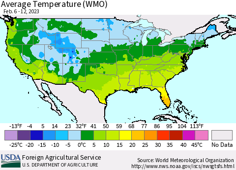 United States Average Temperature (WMO) Thematic Map For 2/6/2023 - 2/12/2023
