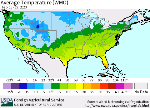 United States Average Temperature (WMO) Thematic Map For 2/13/2023 - 2/19/2023