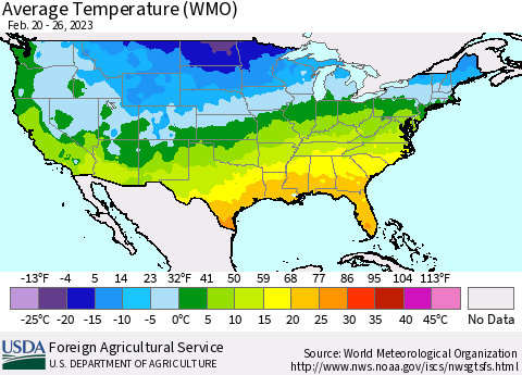 United States Average Temperature (WMO) Thematic Map For 2/20/2023 - 2/26/2023