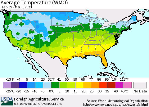 United States Average Temperature (WMO) Thematic Map For 2/27/2023 - 3/5/2023