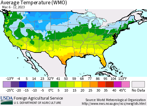 United States Average Temperature (WMO) Thematic Map For 3/6/2023 - 3/12/2023