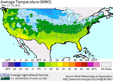 United States Average Temperature (WMO) Thematic Map For 3/13/2023 - 3/19/2023