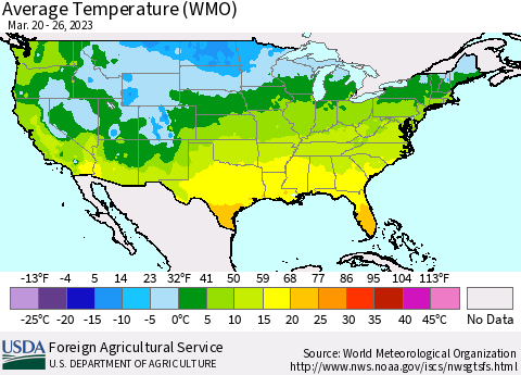 United States Average Temperature (WMO) Thematic Map For 3/20/2023 - 3/26/2023