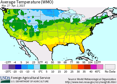 United States Average Temperature (WMO) Thematic Map For 3/27/2023 - 4/2/2023