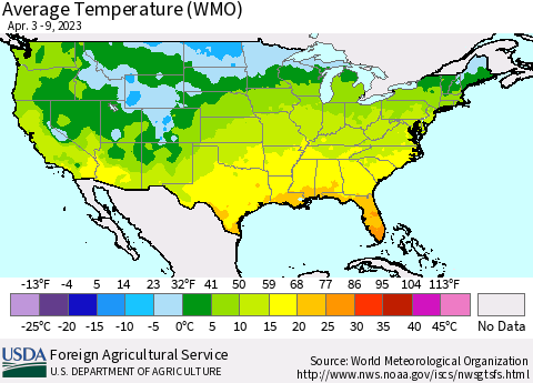 United States Average Temperature (WMO) Thematic Map For 4/3/2023 - 4/9/2023