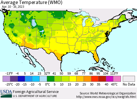 United States Average Temperature (WMO) Thematic Map For 4/10/2023 - 4/16/2023