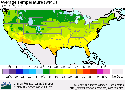 United States Average Temperature (WMO) Thematic Map For 4/17/2023 - 4/23/2023
