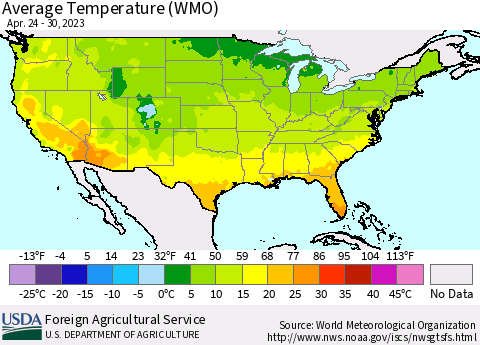 United States Average Temperature (WMO) Thematic Map For 4/24/2023 - 4/30/2023