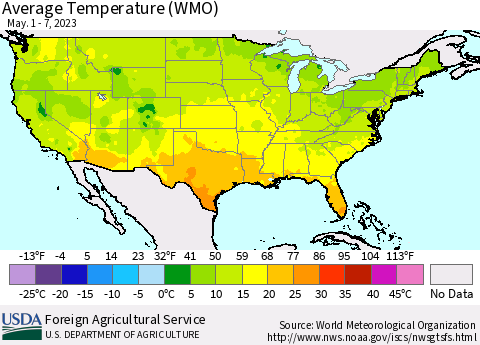 United States Average Temperature (WMO) Thematic Map For 5/1/2023 - 5/7/2023