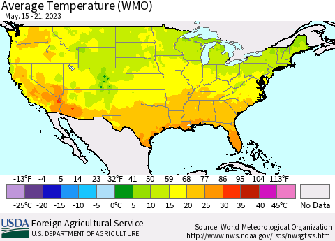 United States Average Temperature (WMO) Thematic Map For 5/15/2023 - 5/21/2023