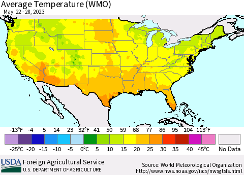 United States Average Temperature (WMO) Thematic Map For 5/22/2023 - 5/28/2023