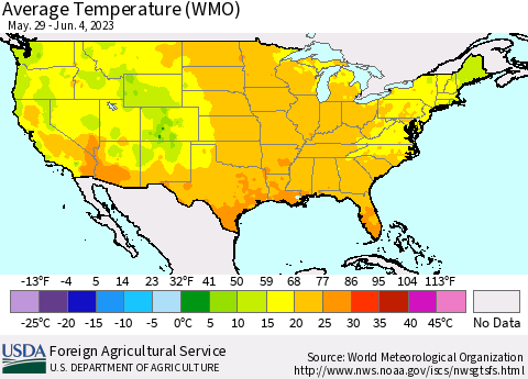 United States Average Temperature (WMO) Thematic Map For 5/29/2023 - 6/4/2023