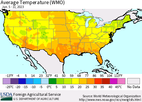United States Average Temperature (WMO) Thematic Map For 6/5/2023 - 6/11/2023