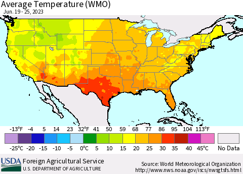 United States Average Temperature (WMO) Thematic Map For 6/19/2023 - 6/25/2023
