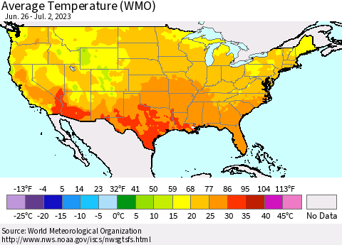 United States Average Temperature (WMO) Thematic Map For 6/26/2023 - 7/2/2023