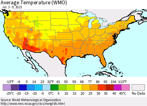 United States Average Temperature (WMO) Thematic Map For 7/3/2023 - 7/9/2023
