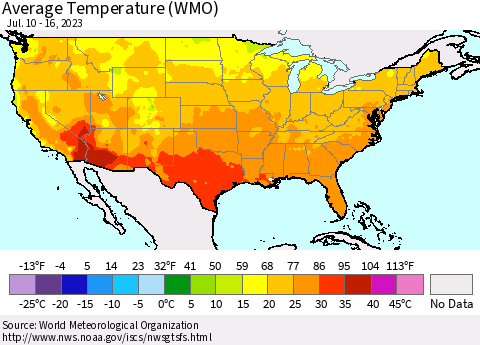 United States Average Temperature (WMO) Thematic Map For 7/10/2023 - 7/16/2023