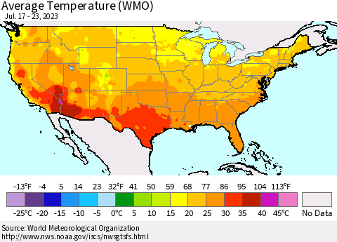 United States Average Temperature (WMO) Thematic Map For 7/17/2023 - 7/23/2023