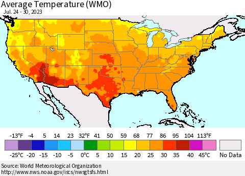 United States Average Temperature (WMO) Thematic Map For 7/24/2023 - 7/30/2023