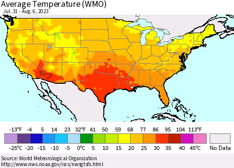 United States Average Temperature (WMO) Thematic Map For 7/31/2023 - 8/6/2023
