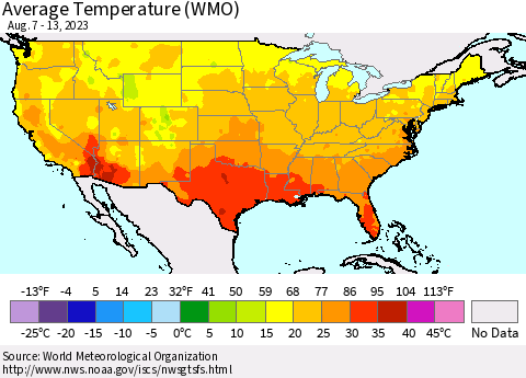 United States Average Temperature (WMO) Thematic Map For 8/7/2023 - 8/13/2023