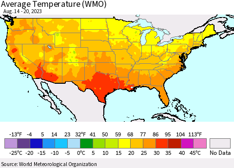 United States Average Temperature (WMO) Thematic Map For 8/14/2023 - 8/20/2023