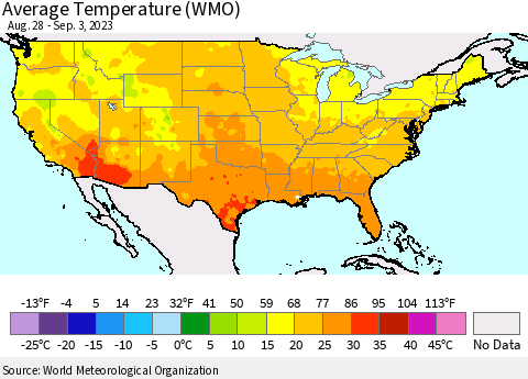 United States Average Temperature (WMO) Thematic Map For 8/28/2023 - 9/3/2023