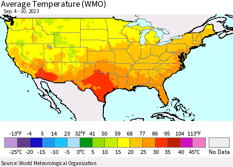 United States Average Temperature (WMO) Thematic Map For 9/4/2023 - 9/10/2023