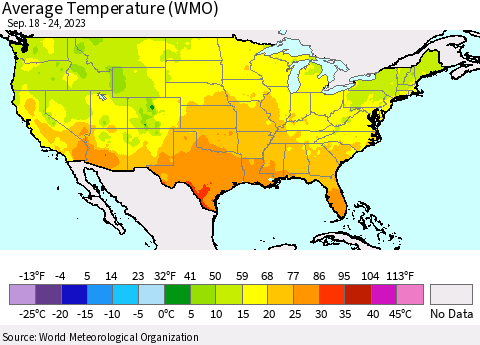 United States Average Temperature (WMO) Thematic Map For 9/18/2023 - 9/24/2023