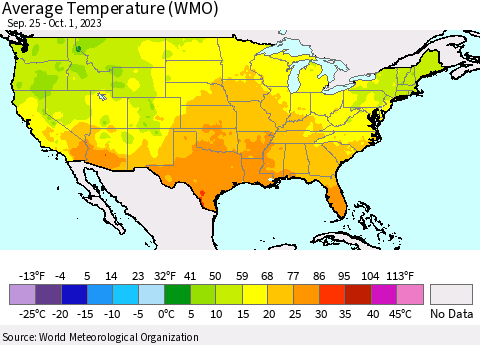 United States Average Temperature (WMO) Thematic Map For 9/25/2023 - 10/1/2023