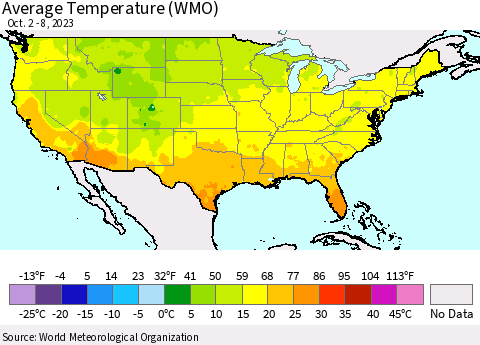United States Average Temperature (WMO) Thematic Map For 10/2/2023 - 10/8/2023