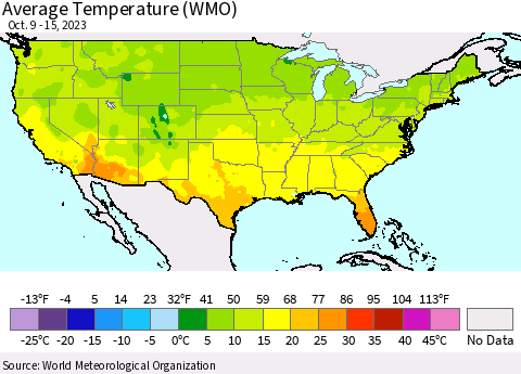 United States Average Temperature (WMO) Thematic Map For 10/9/2023 - 10/15/2023