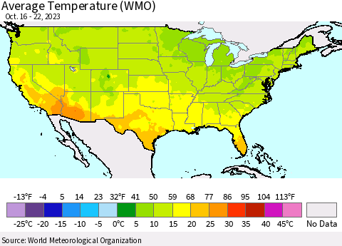 United States Average Temperature (WMO) Thematic Map For 10/16/2023 - 10/22/2023
