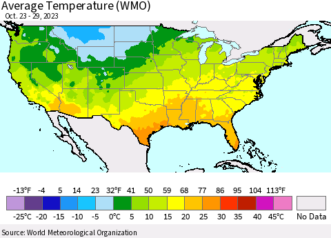 United States Average Temperature (WMO) Thematic Map For 10/23/2023 - 10/29/2023