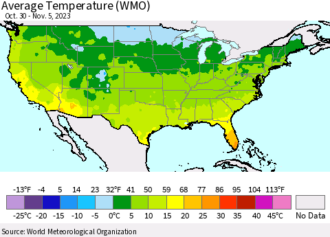 United States Average Temperature (WMO) Thematic Map For 10/30/2023 - 11/5/2023