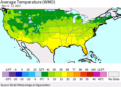 United States Average Temperature (WMO) Thematic Map For 11/6/2023 - 11/12/2023