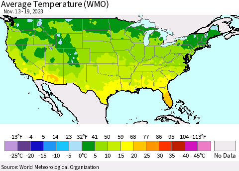 United States Average Temperature (WMO) Thematic Map For 11/13/2023 - 11/19/2023