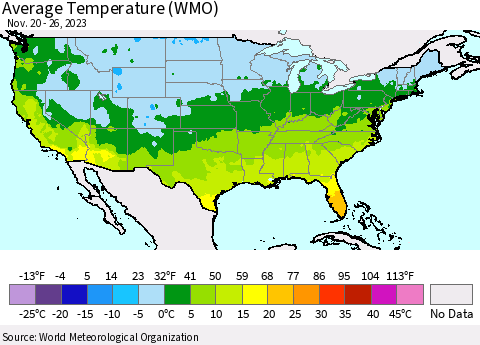 United States Average Temperature (WMO) Thematic Map For 11/20/2023 - 11/26/2023