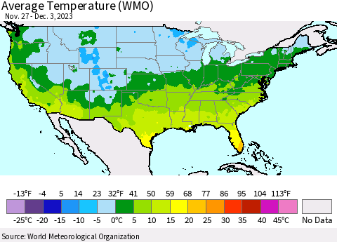 United States Average Temperature (WMO) Thematic Map For 11/27/2023 - 12/3/2023