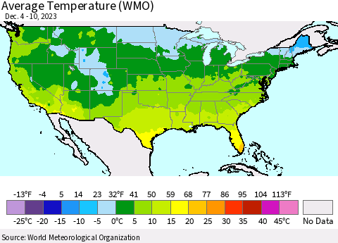United States Average Temperature (WMO) Thematic Map For 12/4/2023 - 12/10/2023