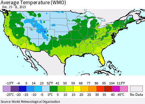 United States Average Temperature (WMO) Thematic Map For 12/25/2023 - 12/31/2023