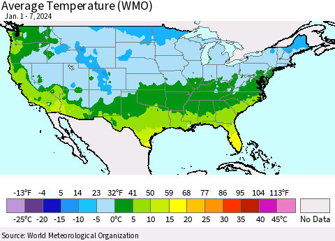 United States Average Temperature (WMO) Thematic Map For 1/1/2024 - 1/7/2024