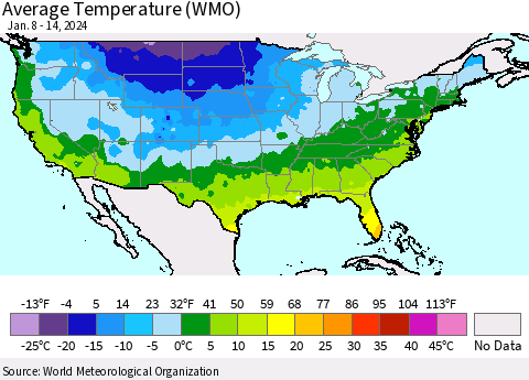 United States Average Temperature (WMO) Thematic Map For 1/8/2024 - 1/14/2024